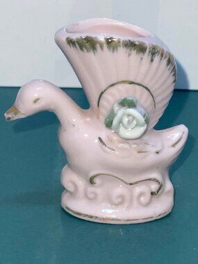 Vintage Pink Swan Vase Japan Porcelain Planter Rose Applied Flower Gold Trim